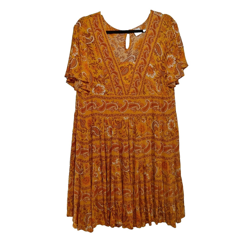 Bila Tiered Midi Dress Women's Med‎ Orange Floral Paisley Short Flutter Sleeve